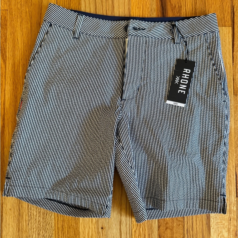 RHONE Seersucker Resort Shorts in Navy Blue and White Stripes